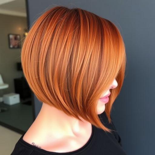 Glowing copper penny locks styled in a sleek Italian bob, Autumn Flame cut, featuring a blunt chin-length perimeter with subtle layers for movement and shine