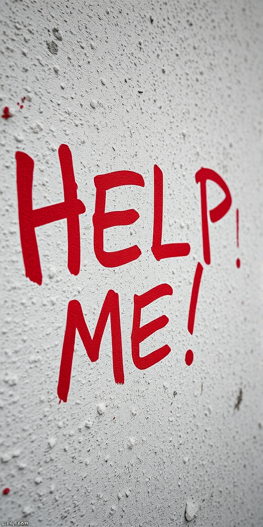 Create an image of textured wall with the words "HELP ME!" scribbled in bold red paint, using a DSLR camera with a 50mm lens, aperture f/2.8, shutter speed 1/100s, ISO 200, in a close-up view with natural lighting.