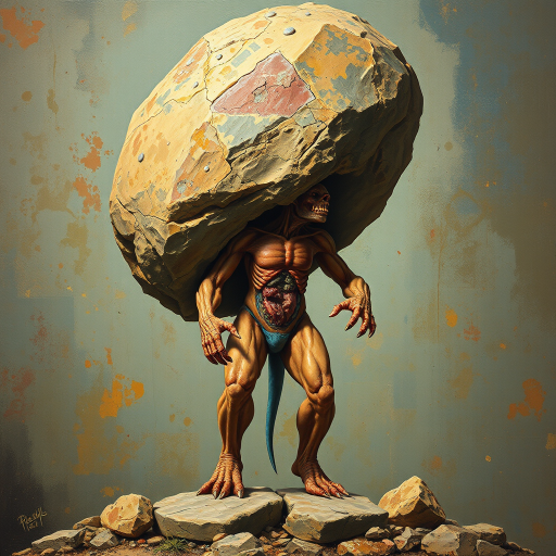 A detailed and anatomically presented mr stone-eater stands and bites into a huge boulder. surreal abstract art, grunge oil colors on canvas, textured background