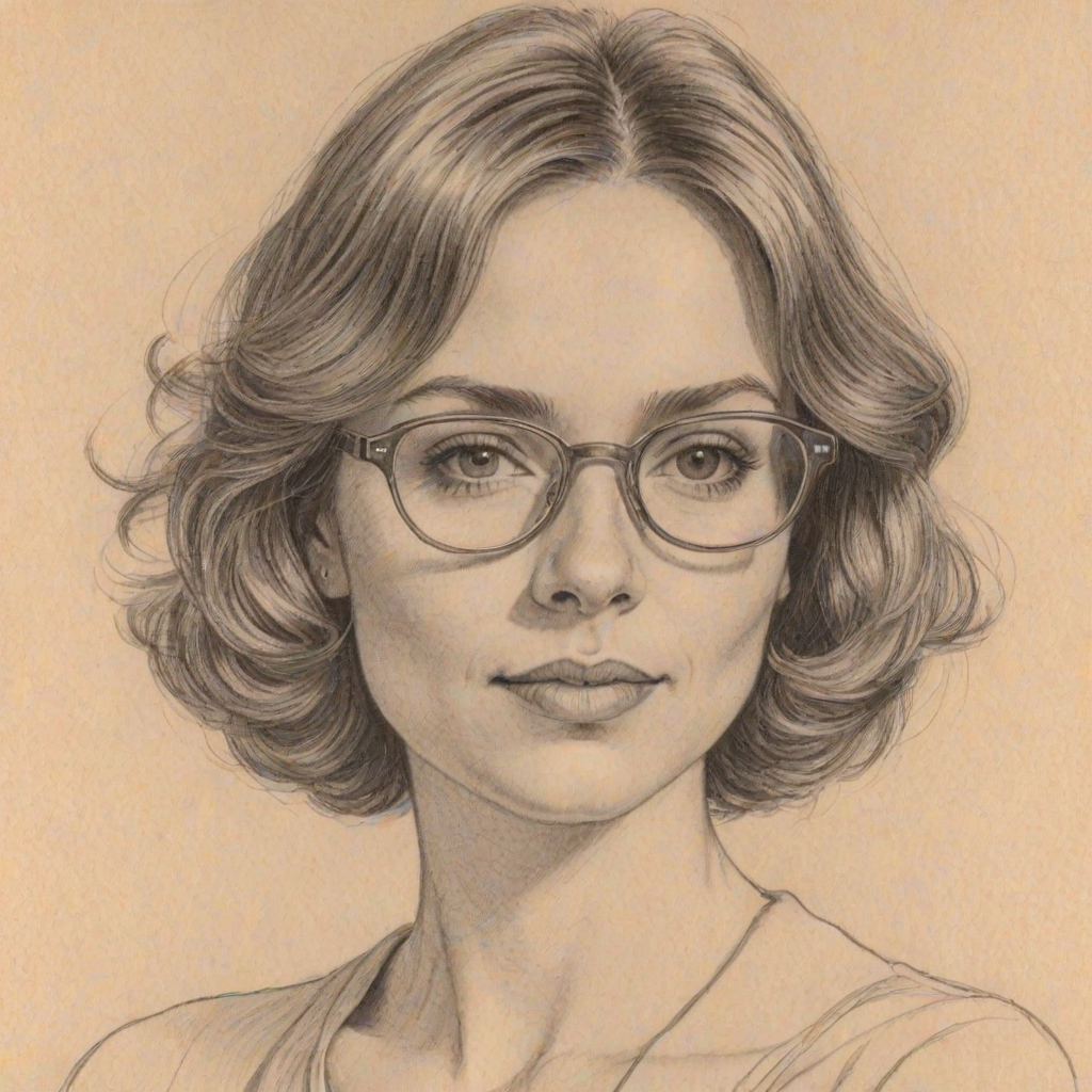 Lovely Amanda Fuller, pencil sketch, portrait of Resplendent woman 1974s in glasses, hair style beatnik, outline, clear lines, fine lines, 8k