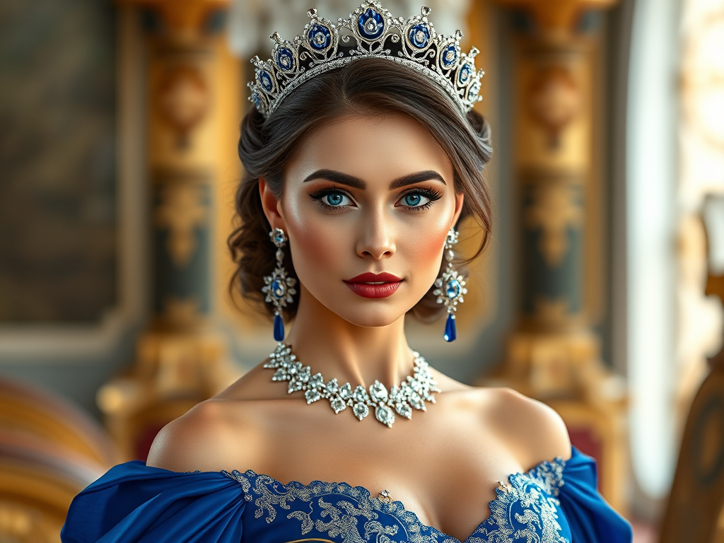 A gorgeous Kyrgyz woman in a luxurious blue gown, accessorized with a dazzling tiara and statement earrings, her deep blue eyes highlighted by impeccable makeup, poised in a royal setting, photorealistic, 8K quality
