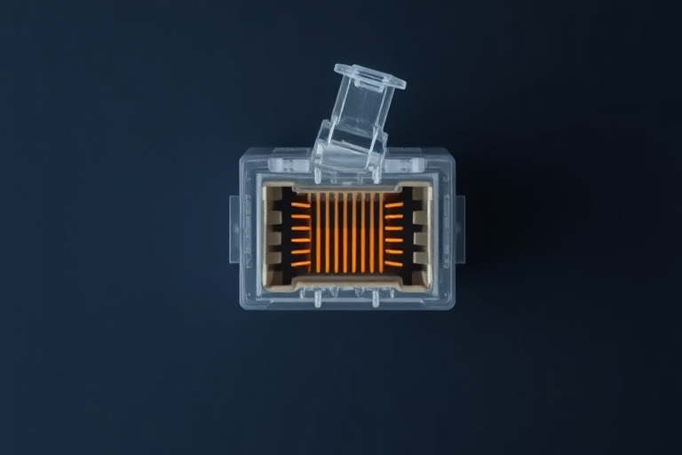 Regenerate an illustration of an Ethernet connector from a top-down view, focusing on detailed pin arrangement and connector shape, camera settings: f/8 aperture, 1/125s shutter speed, ISO 100, camera view: top-down, camera style: flat lay, camera type: digital SLR.