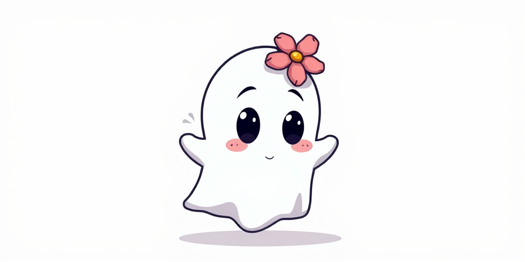 Cute cartoon ghost with a flower in its hair looking puzzled and curious against a simple light background.