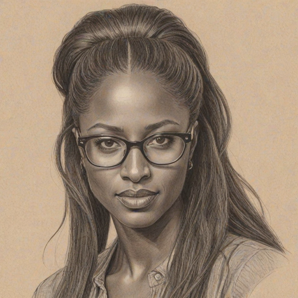 Delightful Rutina Wesley, pencil sketch, portrait of Beauteous woman 1969s in glasses, hair style beatnik, outline, clear lines, fine lines, 8k