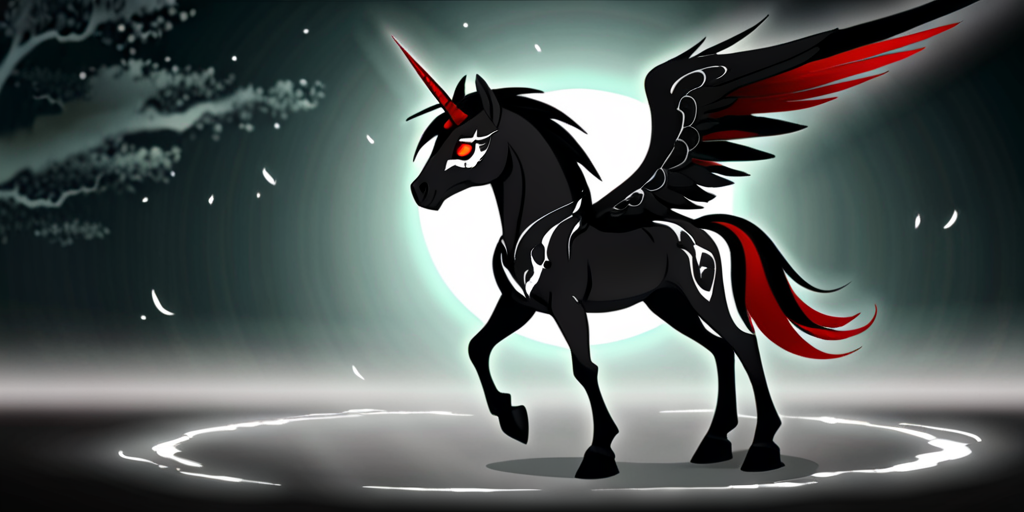 mlp pony necromancer mare dark alicorn with white markings on face red eyes red and black mane horn and wings casting dark magic beautiful necromacer background (backlight)