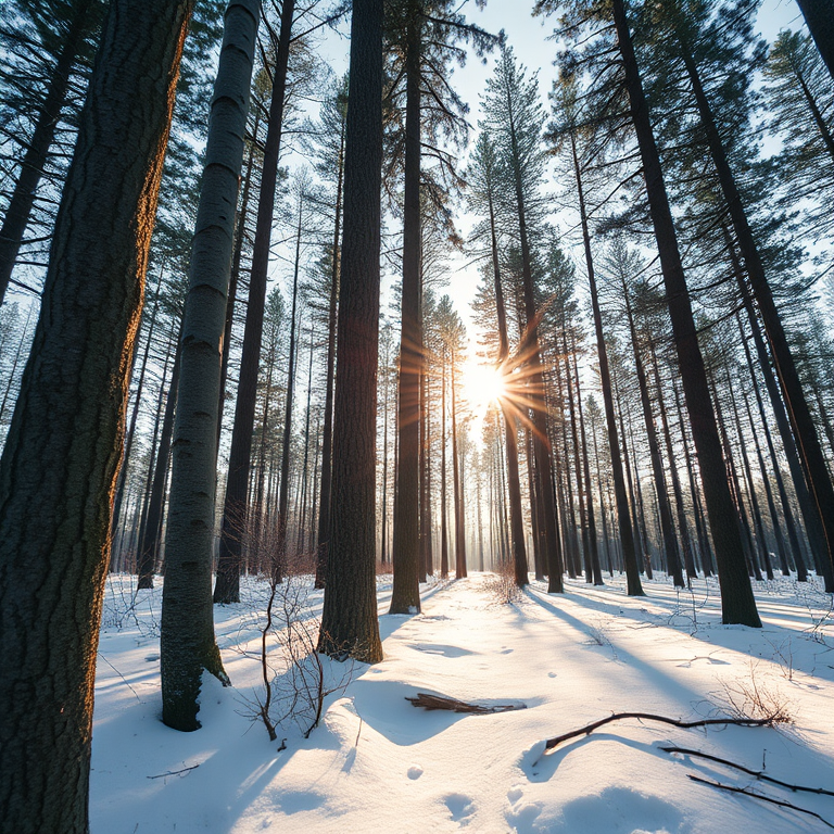 Regenerate a serene winter forest scene with sunlight filtering through tall trees, soft snow covering the ground, close-up view, f/4 aperture, ISO 100, 1/200 second shutter speed, using a DSLR camera with a wide-angle lens.