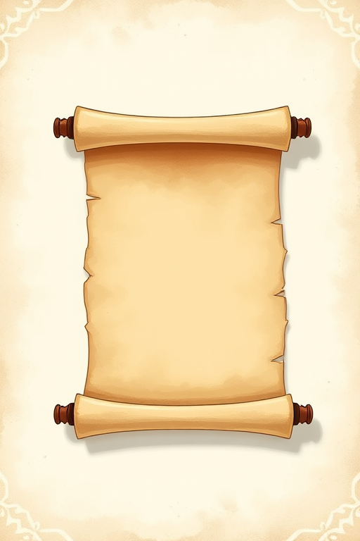 Create a high-resolution illustration of a rolled parchment scroll with slightly tattered edges and a blank interior, using a DSLR camera with a 50mm lens, f/1.8 aperture, ISO 100, and a soft-focus background for depth.