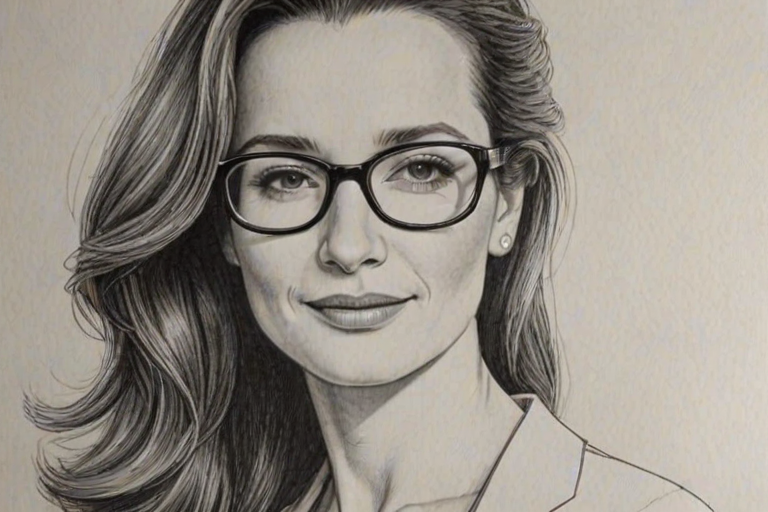 Wonderful Kristin Davis, pencil sketch, portrait of Ravishing woman 1975s in glasses, hair style beatnik, outline, clear lines, fine lines, 8k