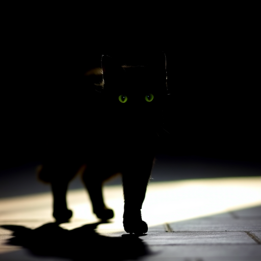 Create a high-contrast silhouette of a black cat walking, with glowing green eyes, captured at f/2.8 with a 50mm lens, natural light, in a minimalistic style.