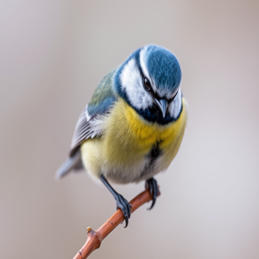 A close-up shot of a blue tit perched on a branch, captured with a Canon EOS 90D, 300mm lens, f/4 aperture, ISO 400, 1/1000 sec shutter speed, natural light, shallow depth of field for a blurred background.