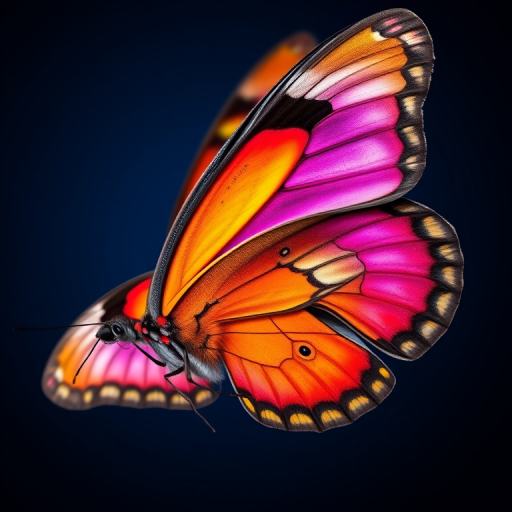 create a high-resolution illustration of a butterfly with vibrant colors, set against a dark blue background, using a Canon EOS R5 with an 85mm f/1.2 lens at ISO 100, f/2.8 aperture for sharp details and a soft bokeh effect, focus on intricate wing patterns and textures.