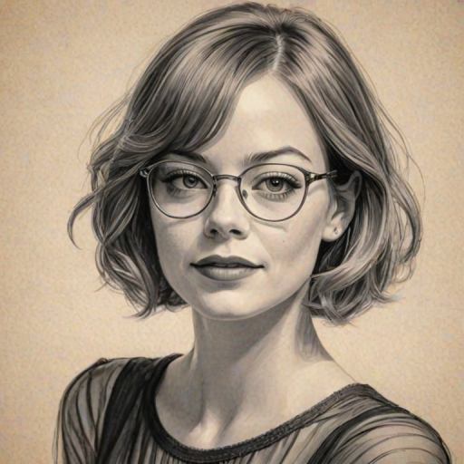 Radiant Emma Stone, pencil sketch, portrait of Graceful woman 1928s in glasses, hair style beatnik, outline, clear lines, fine lines, 8k