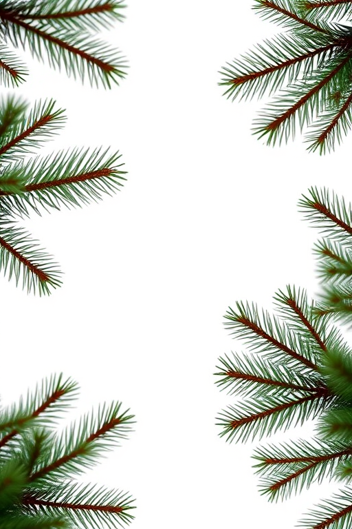 Create a high-resolution image of a blank white background framed with realistic evergreen pine tree branches, shot with a Canon EOS 5D Mark IV at f/4, 1/100 sec, ISO 200, using a macro lens to enhance detail and depth of field.