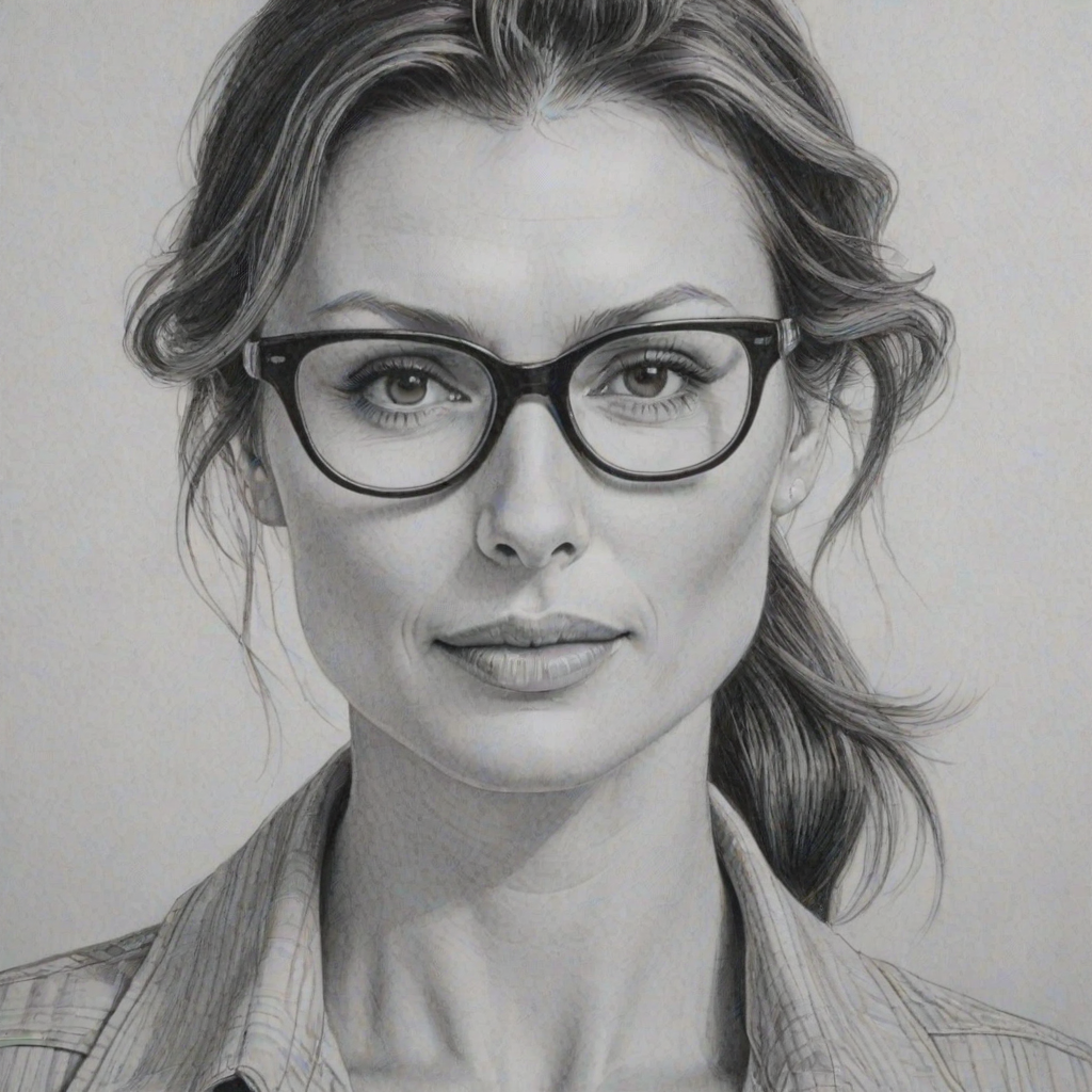 Lovely Bridget Moynahan, pencil sketch, portrait of Elegant woman 1973s in glasses, hair style beatnik, outline, clear lines, fine lines, 8k
