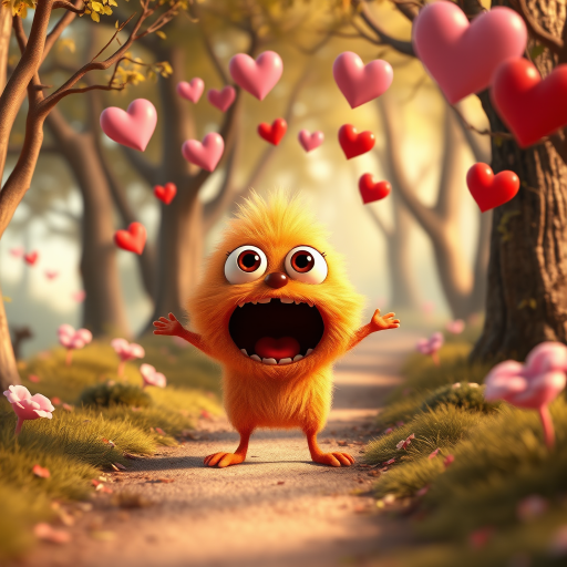 A fluffy orange creature with large eyes and a wide open mouth stands on a path in a whimsical forest, bright pink and red hearts float through the air, the creature has a surprised expression, the light is warm and soft, photorealistic, digital art, 3D style