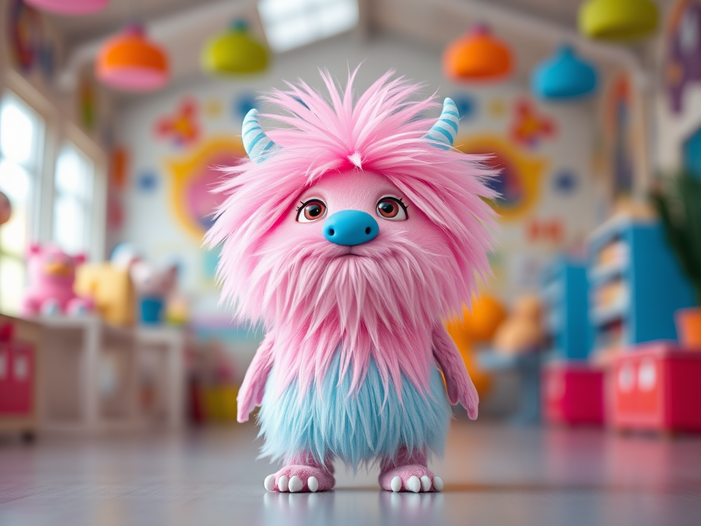 Create a cute and fluffy pink cartoon monster with a blue nose, standing upright in a bright, colorful setting, shot with a Canon EOS R5 at f/2.8, ISO 100, 50mm lens, using a shallow depth of field for a soft background effect.