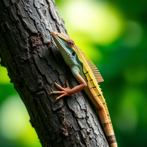 Capture a vibrant close-up of a lizard climbing a textured tree trunk with a blurred green background, using a DSLR camera at f/2.8 aperture, 1/250 sec shutter speed, ISO 100, macro lens, and natural lighting.