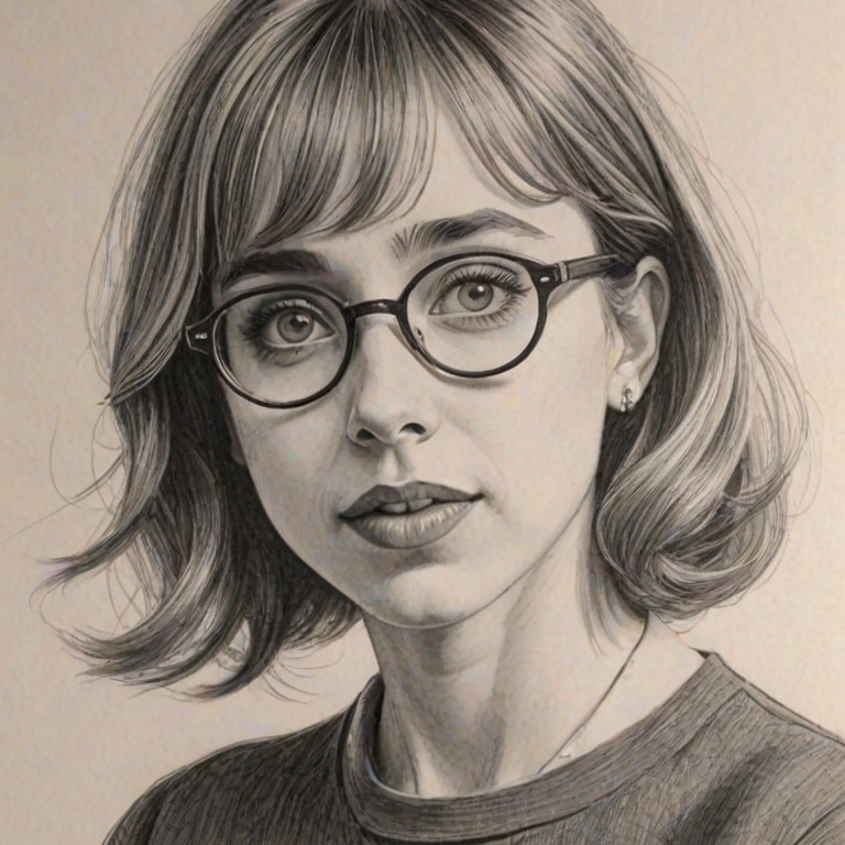Ravishing Zoe Kazan, pencil sketch, portrait of Alluring woman 1956s in glasses, hair style beatnik, outline, clear lines, fine lines, 8k