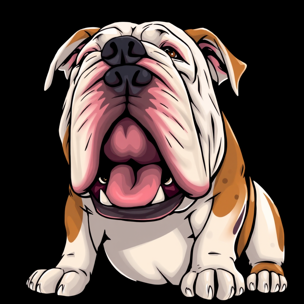 Create a high-resolution illustration of an aggressive bulldog with prominent features, using a DSLR camera with a 50mm lens, aperture set to f/1.8 for a shallow depth of field, focus on sharp details, and vibrant colors, captured from a low angle to emphasize the dog's stature against a black background.