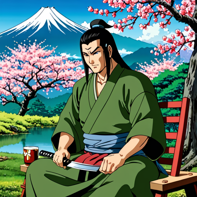 Hashirama sitting on wooden chair and eating meat by his katana knife ...