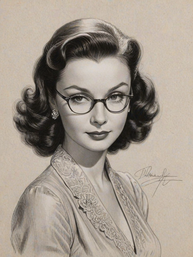 Beauteous Vivien Leigh, pencil sketch, portrait of Graceful woman 1945s in glasses, hair style beatnik, outline, clear lines, fine lines, 8k