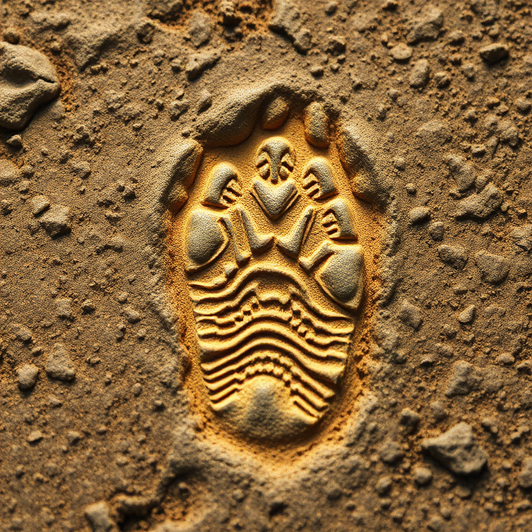 Generate a high-resolution image of a dinosaur footprint on a textured surface, using a DSLR camera with a 50mm lens, aperture f/2.8, ISO 100, shot from a low angle to capture intricate details.