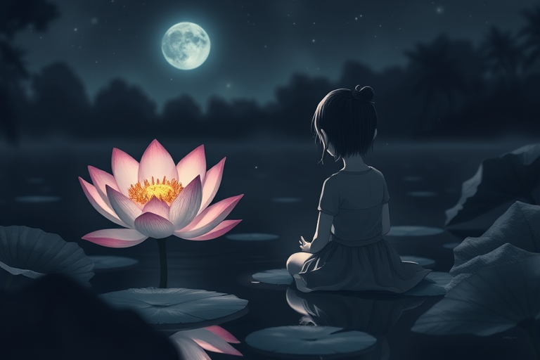 Illustration of a young girl sitting beside a large lotus flower in a serene pond at night, soft focus effect, 35mm lens, aperture f/2.8, ISO 400, 1/60s shutter speed, monochrome style.