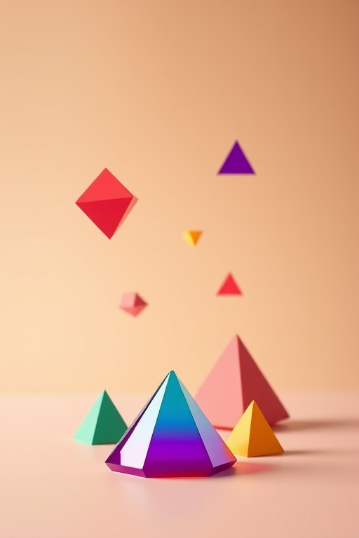 Create a 3D rendering of colorful geometric shapes including triangles and pyramids on a smooth gradient background, using a DSLR camera with a 50mm lens, f/8 aperture, ISO 100, and a slight tilt-shift effect for enhanced clarity and depth.