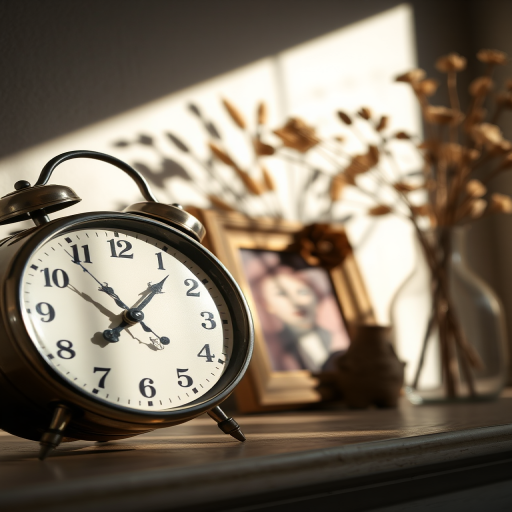 Close-up of a vintage clock on a mantlepiece, soft natural light casting delicate shadows on the face, with an old photograph frame and a vase of dried flowers softly blurred in the background.