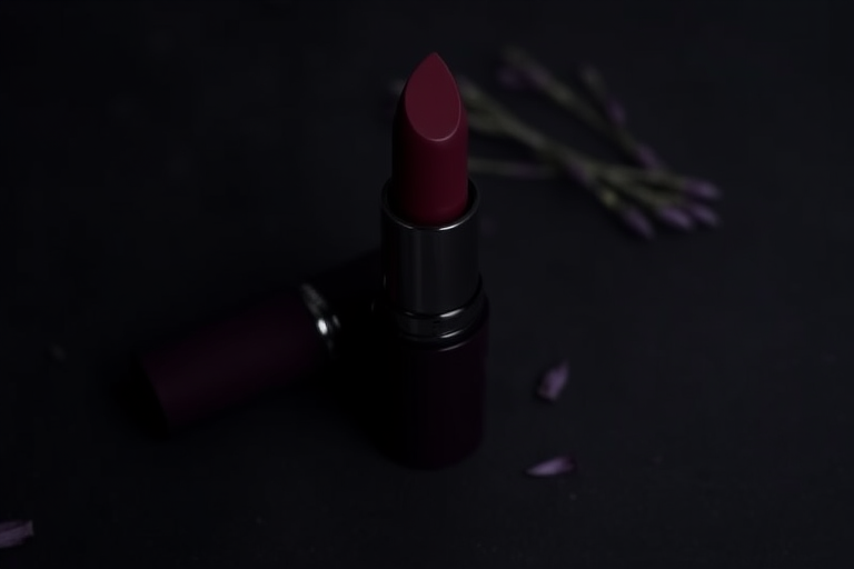Sultry "Midnight Velvet" matte lipstick in deep plum shade, long-lasting formula with moisturizing properties, ideal for creating mysterious and alluring looks