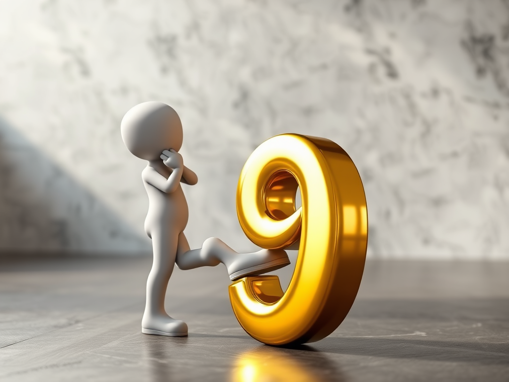 Create an image of a 3D character in a thoughtful pose with one foot on a large shiny gold number 9, using a DSLR camera with a 50mm lens, aperture set to f/2.8, ISO 200, natural lighting, and a slight top-down angle for a dynamic view.