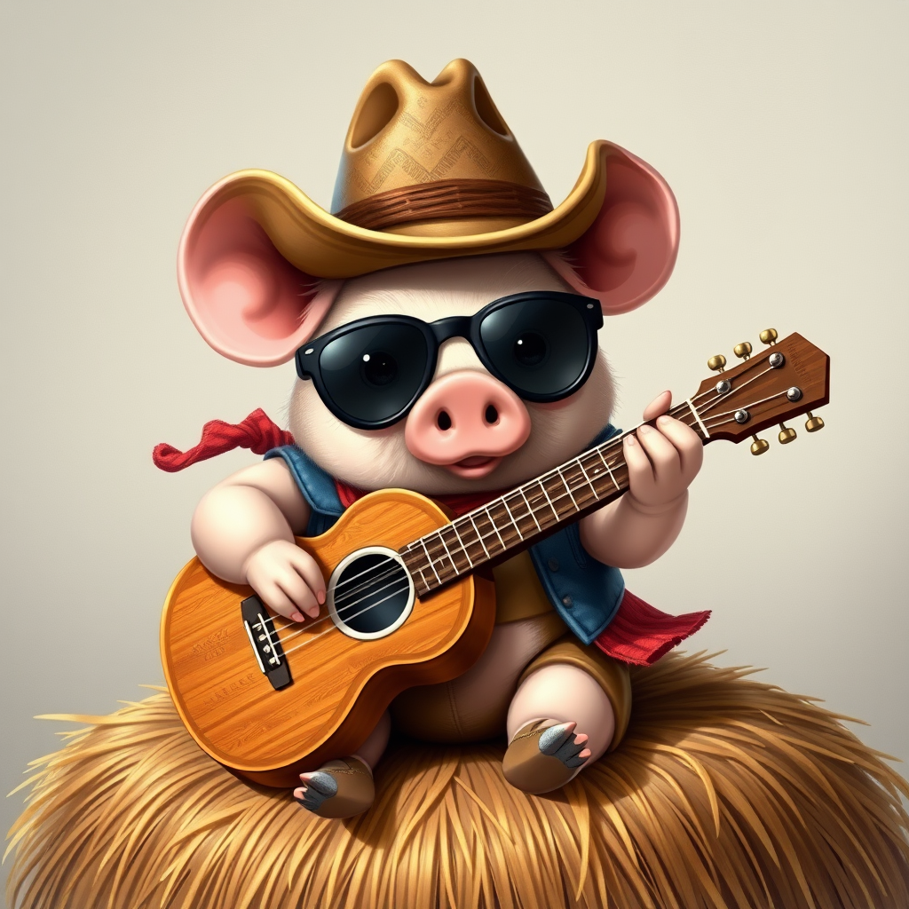 A chibi pig, dressed as a cowboy, playing guitar, sitting on a hay bale