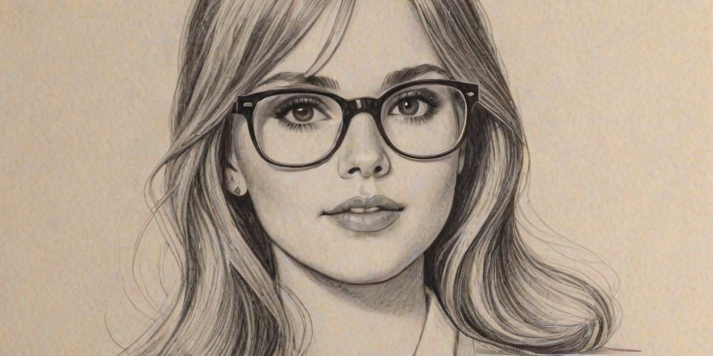 Enchanting Meaghan Martin, pencil sketch, portrait of Enchanting woman 1960s in glasses, hair style beatnik, outline, clear lines, fine lines, 8k