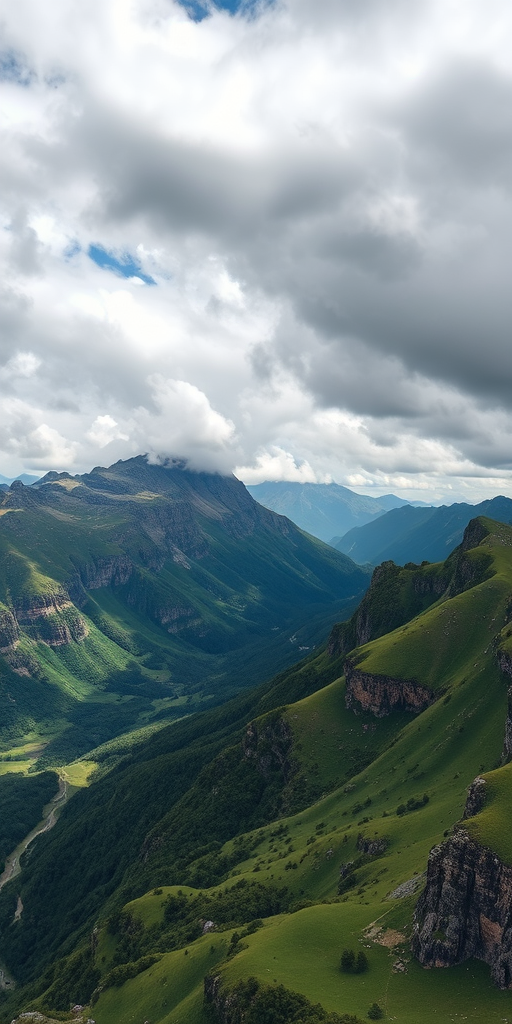 aerial view of a mountainous landscape with lush green valleys and rocky peaks under a dramatic sky, shot with a Canon EOS R5 at 24mm, f/8 aperture, ISO 100, using a polarizing filter for enhanced color saturation and contrast, capturing the vibrant textures and details in the scene