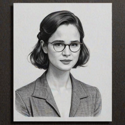 Attractive Katherine Waterston, pencil sketch, portrait of Captivating woman 1928s in glasses, hair style beatnik, outline, clear lines, fine lines, 8k