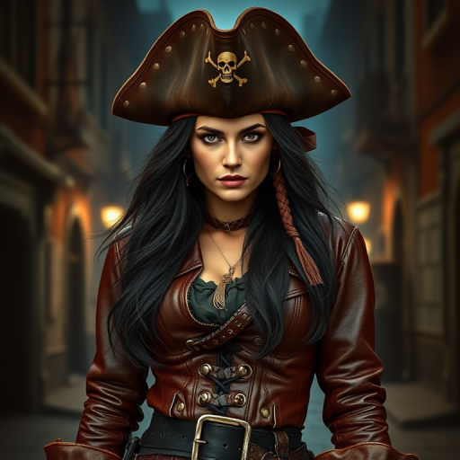Create a portrait of a fierce female pirate. She wears a leather tricorn hat adorned with a skull and crossbones emblem, and her long, dark hair flows around her face. Her outfit consists of a richly detailed leather jacket, a corset, and multiple layers of belts and accessories, giving her a formidable and stylish appearance. She stands confidently in a dimly lit, historic port town, with a backdrop of weathered buildings and cobblestone streets, capturing the adventurous spirit of a pirate.