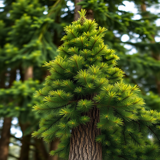 Create a detailed illustration of a tall, slender evergreen tree with lush green foliage and a textured brown trunk, using a DSLR camera with a 50mm lens, f/8 aperture, ISO 200, natural lighting, and a slight tilt-shift perspective to enhance depth of field and focus on the tree.