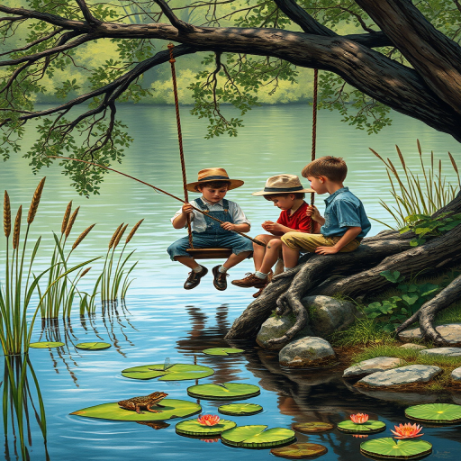 Imagine a small group of old fashioned young boys out fishing by the creek, a swing hanging from a tree branch, reeds and grasses by the water's edge, a frog sitting on a lily pad, dragonflies hovering over som water plans, a very iconic old fashioned scene reminiscent of a Norman Rockwell painting style