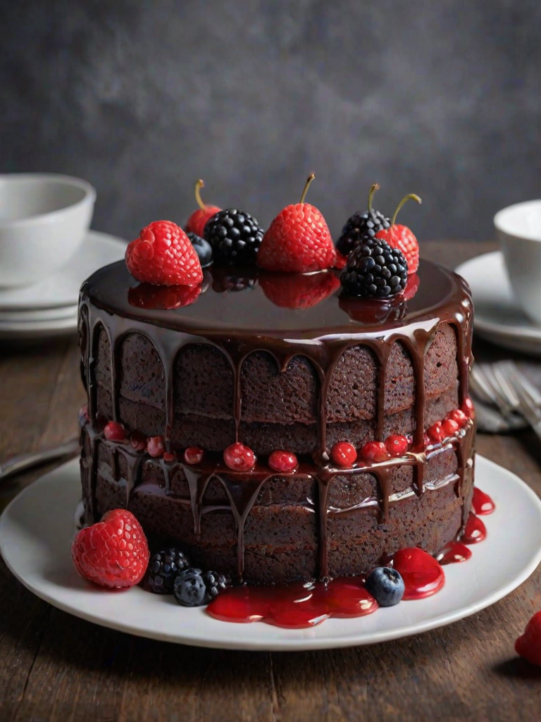 Create an image of a beautifully layered chocolate cake with a glossy red fruit glaze on top. The cake should be displayed on an elegant white plate, with a slice cut out and placed on a separate plate. Include details like fresh berries on top of the glaze and a decorative fork beside the plates. The background should be softly lit to enhance the cake's colors and textures.