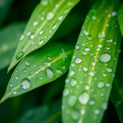 close-up shot of green leaves covered in raindrops, shallow depth of field, ISO 200, aperture f/2.8, 50mm lens, natural light, DSLR camera