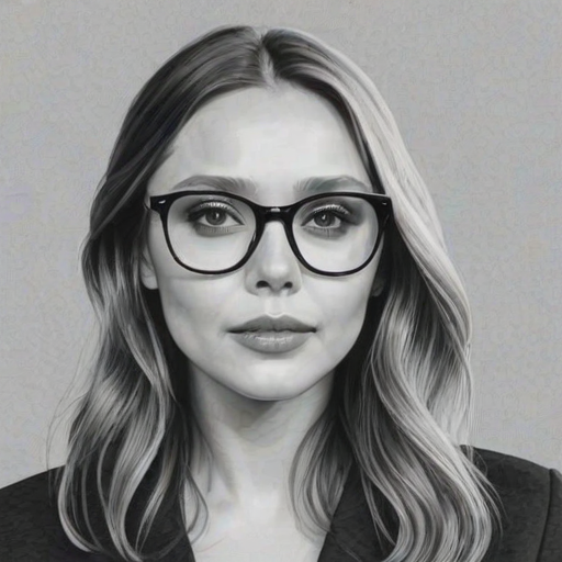 Lovely Elizabeth Olsen, pencil sketch, portrait of Elegant woman 1964s in glasses, hair style beatnik, outline, clear lines, fine lines, 8k