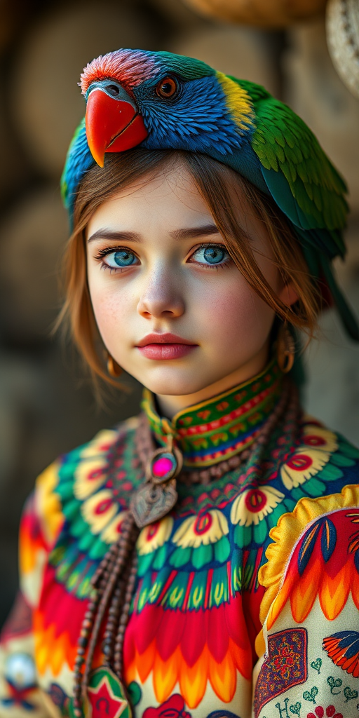 A beautiful Eurasian girl, wearing colorful bird clothing with vibrant colors