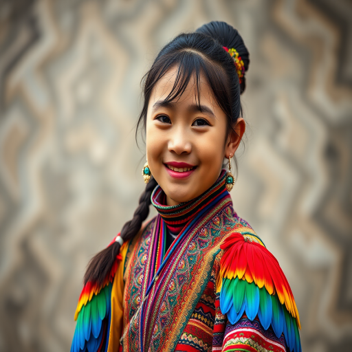 A beautiful Tibetan girl, wearing colorful bird clothing with vibrant colors