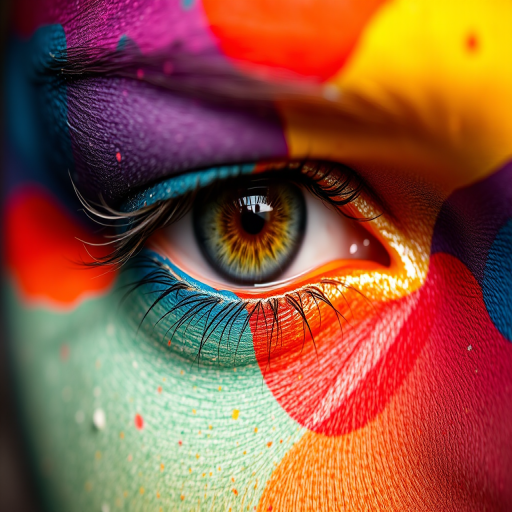 close-up shot of a vividly painted eye with multi-colored face paint, natural light, aperture f/2.8, ISO 100, 50mm lens, macro photography, sharp focus on the eye and vibrant colors
