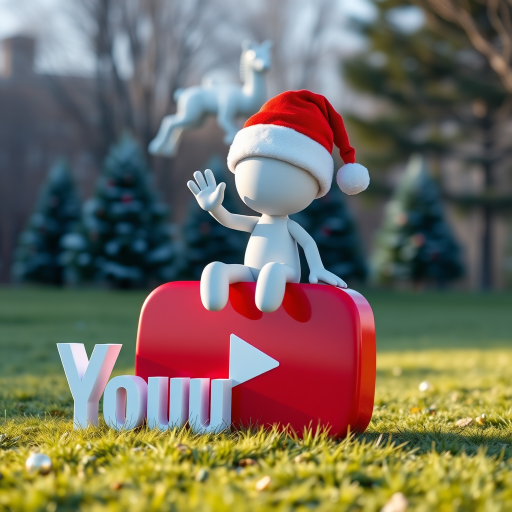 Create an image of a 3D character waving while sitting on a large red YouTube logo with a Santa hat, using a DSLR camera with a 50mm lens, f/1.8 aperture, ISO 100, and soft natural lighting to enhance image quality.