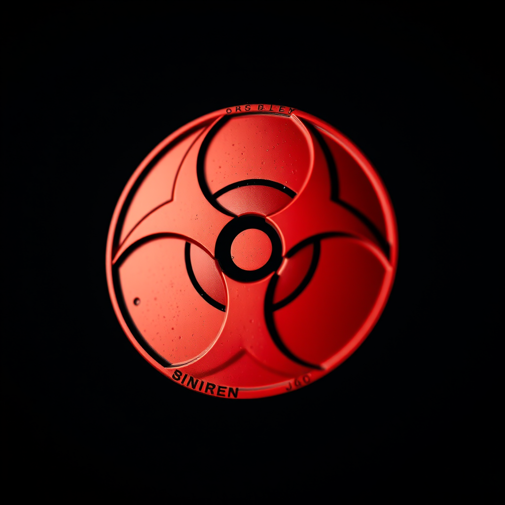 Create an artistic representation of a biohazard symbol with a high contrast palette, shot with a Canon EOS R5 at f/1.8, ISO 100, 1/200s, using a macro lens to capture intricate details, in a soft focus background to enhance the symbol's prominence.