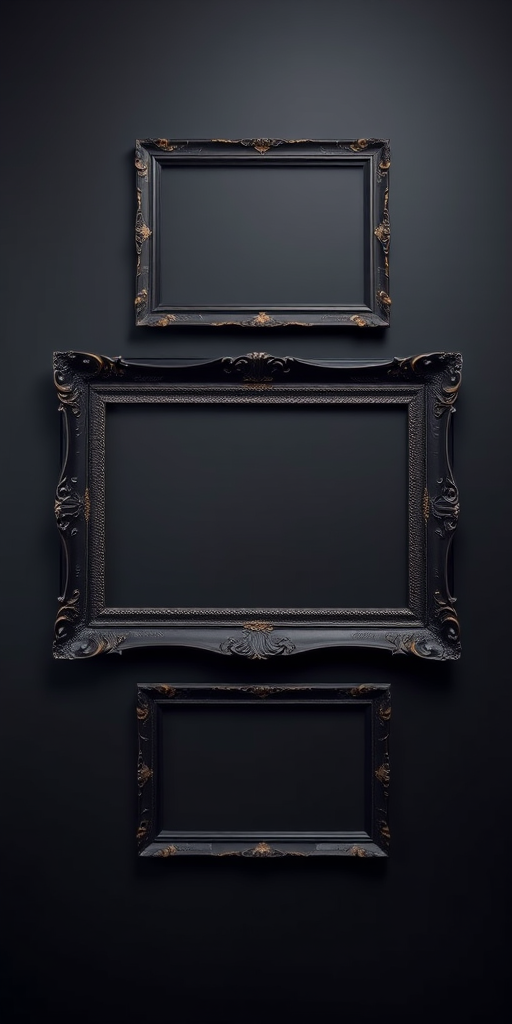 A set of three ornate black picture frames with gold accents on a dark gray wall, empty spaces for artwork, soft diffused lighting, taken with a DSLR camera at f/8, ISO 200, 35mm lens, wide-angle view.
