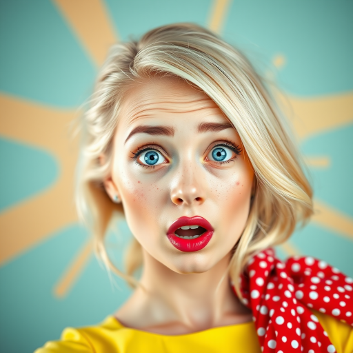Create a vibrant pop art portrait of a surprised blonde woman with blue eyes and freckles, wearing a yellow dress with a red polka dot scarf, in a high-resolution style, using a DSLR camera with a 50mm lens, f/1.8 aperture, ISO 100, and soft diffused lighting for enhanced image quality.