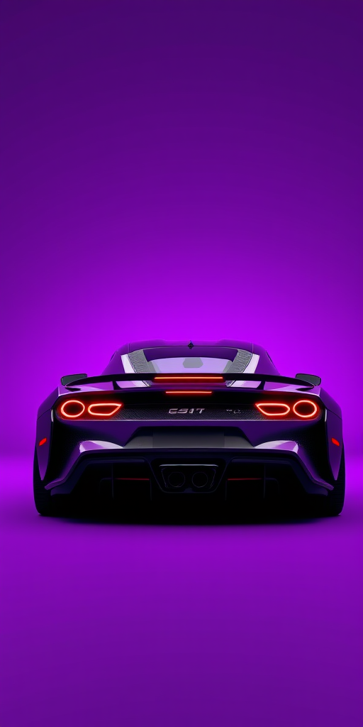 highly detailed 3D rendering of a modern sports car from the rear, soft purple background, 50mm lens, f/8 aperture, ISO 100, frontal view, using a DSLR camera with shallow depth of field for enhanced focus on the car details
