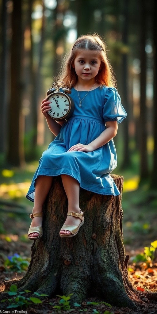 Create an ethereal portrait of a young girl in a blue dress sitting on a tree stump in a forest, holding a vintage clock, featuring soft focus and dreamy lighting, captured with a DSLR camera at f/2.8 aperture, 50mm lens, 1/200s shutter speed, and a low-angle perspective to enhance the magical atmosphere.